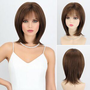 New RENERSHOW Layered Mid-length Brown Bob Wig with Bangs Straight 12 inch
